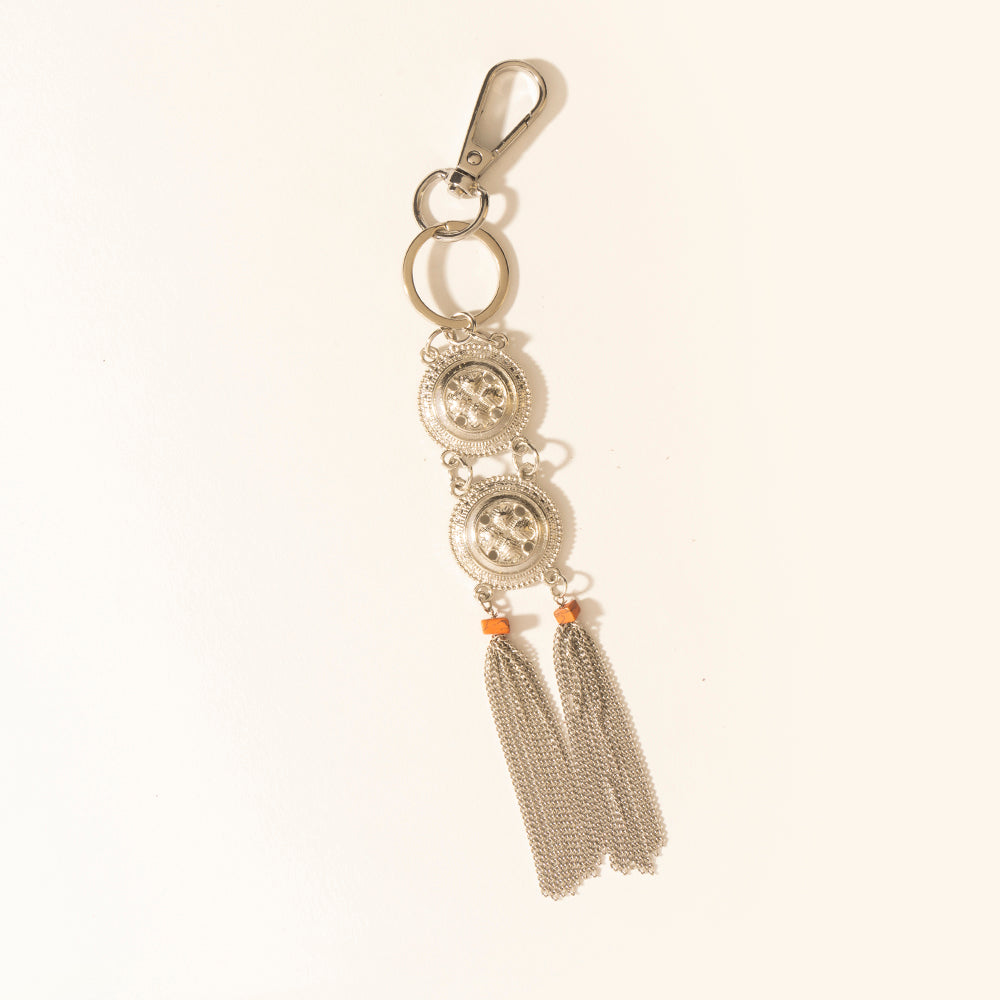Duo Medallion Tassel Keychain in Nickel Steel