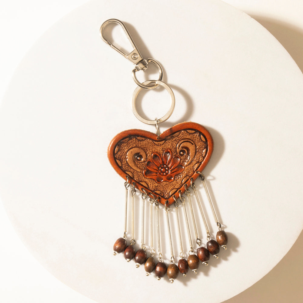 Sweetheart Tooled Tassel Keychain in Cocoa Brown