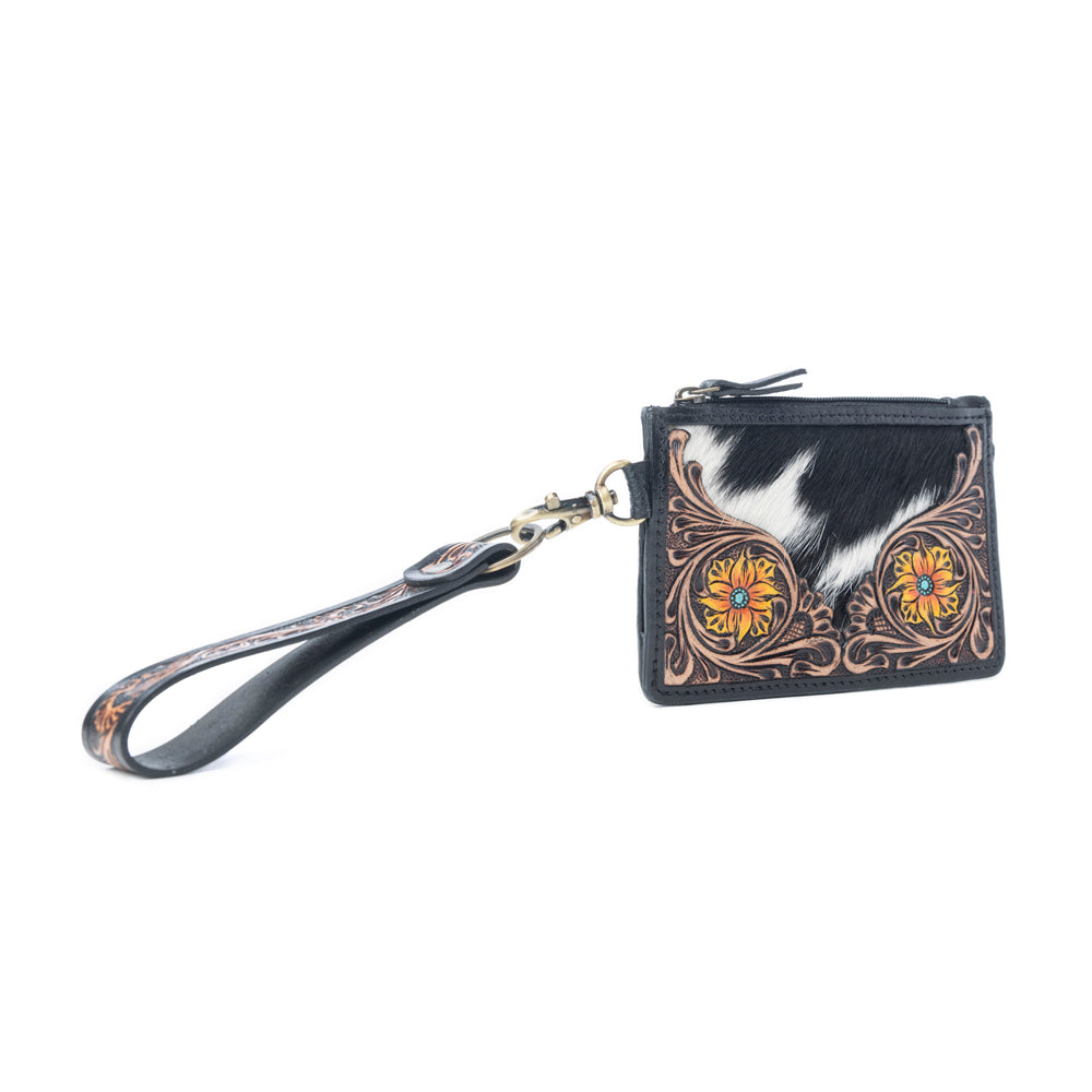 Wildflower Mesa Handtooled Hairon Leather Card Holder In Prairie Amber
