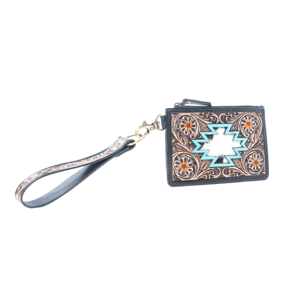 Navajo Sky Handtooled Hairon Leather Card Holder in Antique Brown