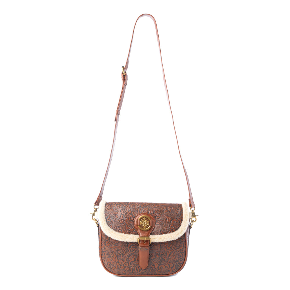 Alpine Rose Embossed Leather Crossbody Bag with Fur Accent Variant Combo