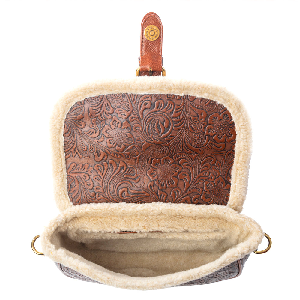 Alpine Rose Embossed Leather Crossbody Bag with Fur Accent Variant Combo
