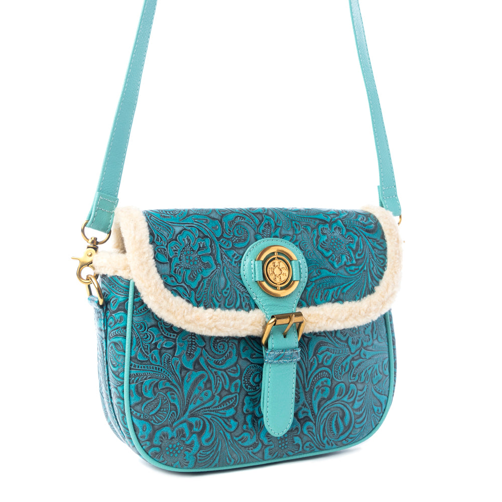 Alpine Rose Embossed Leather Crossbody Bag with Fur Accent Variant Combo