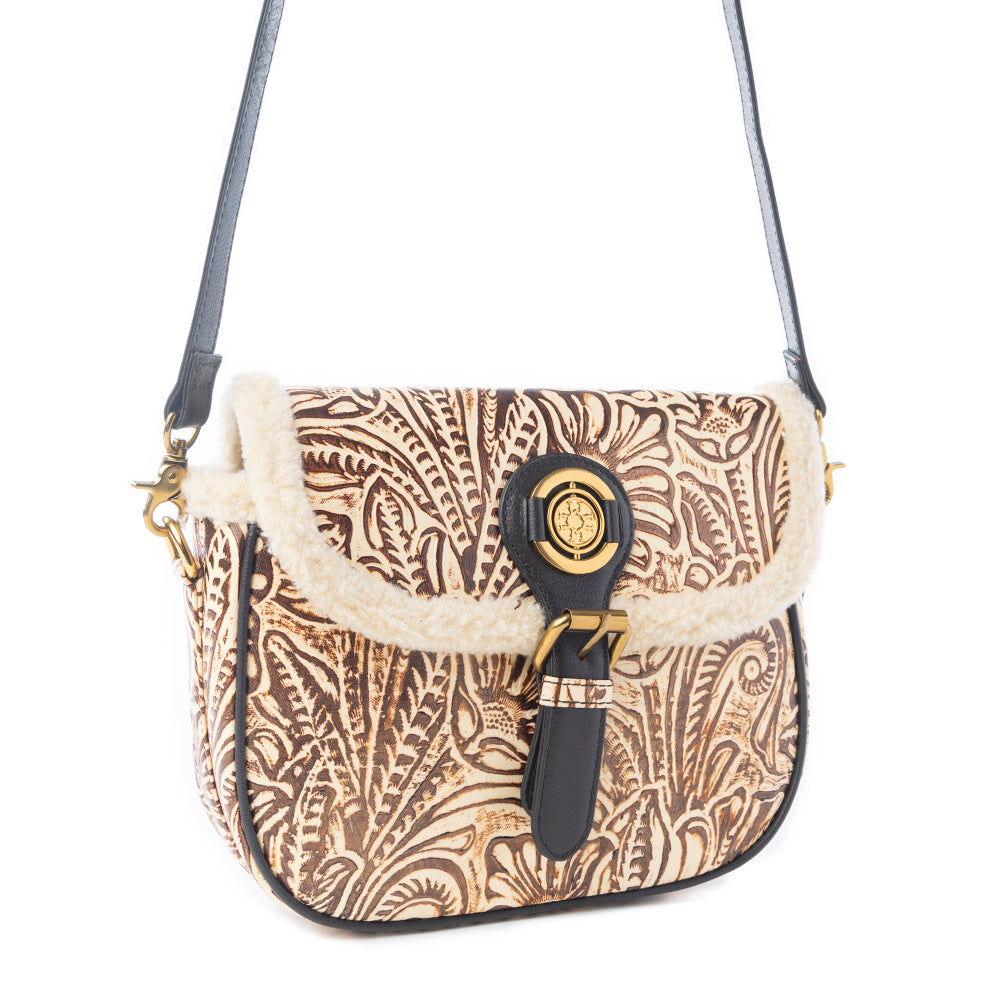 Alpine Rose Embossed Leather Crossbody Bag with Fur Accent Variant Combo