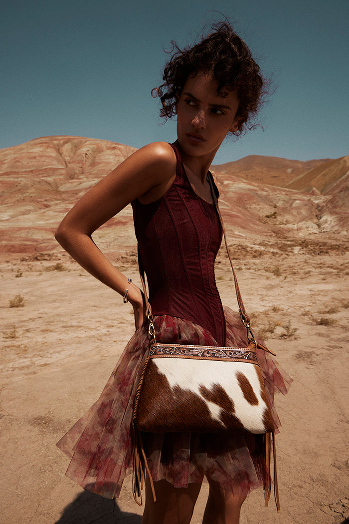 Wild Mirage Hairon Leather Bag with Fringes in Ivory Range