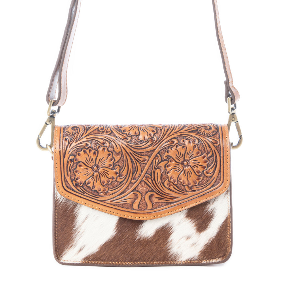 Bridle Blossom Handtooled Hairon Leather Bag in Amber Carve