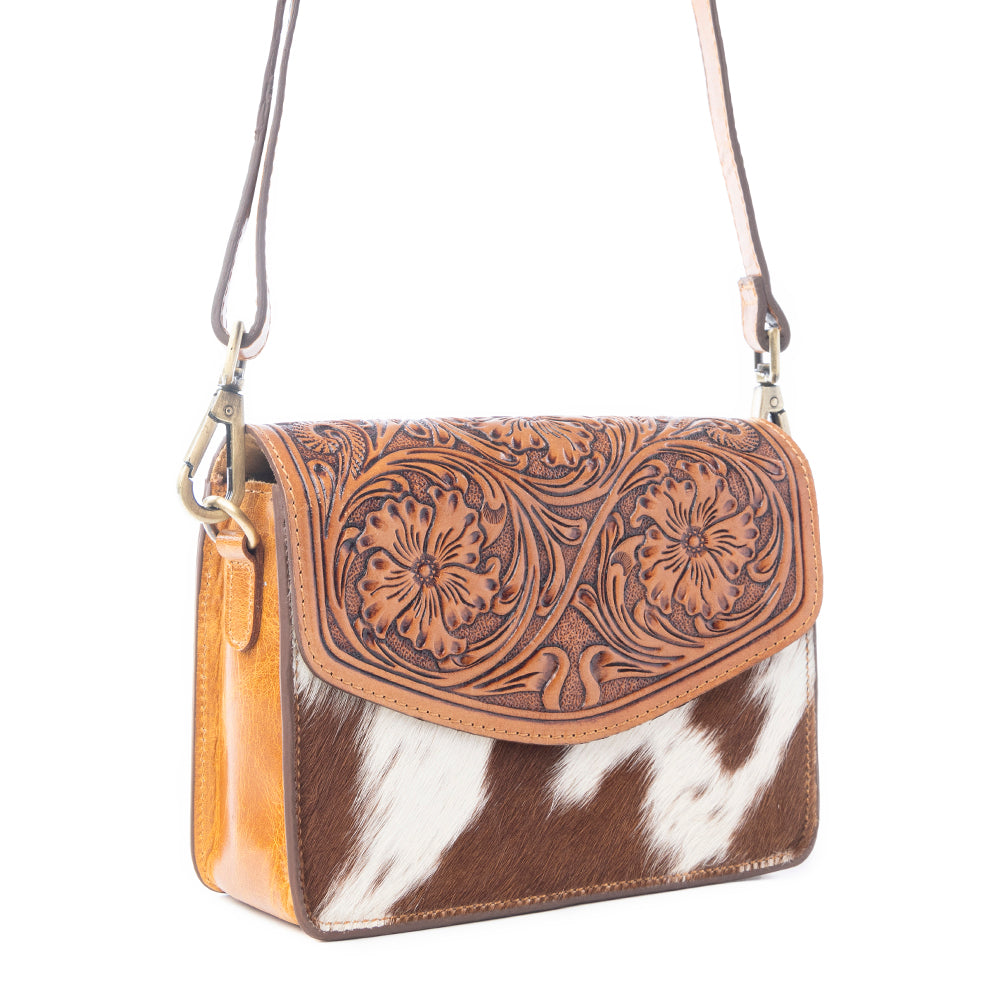 Bridle Blossom Handtooled Hairon Leather Bag in Amber Carve