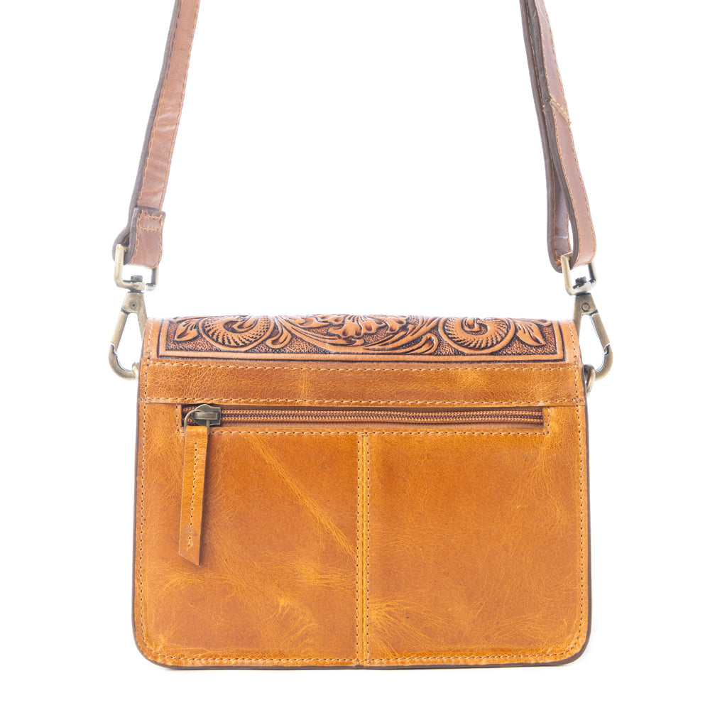 Bridle Blossom Handtooled Hairon Leather Bag in Amber Carve