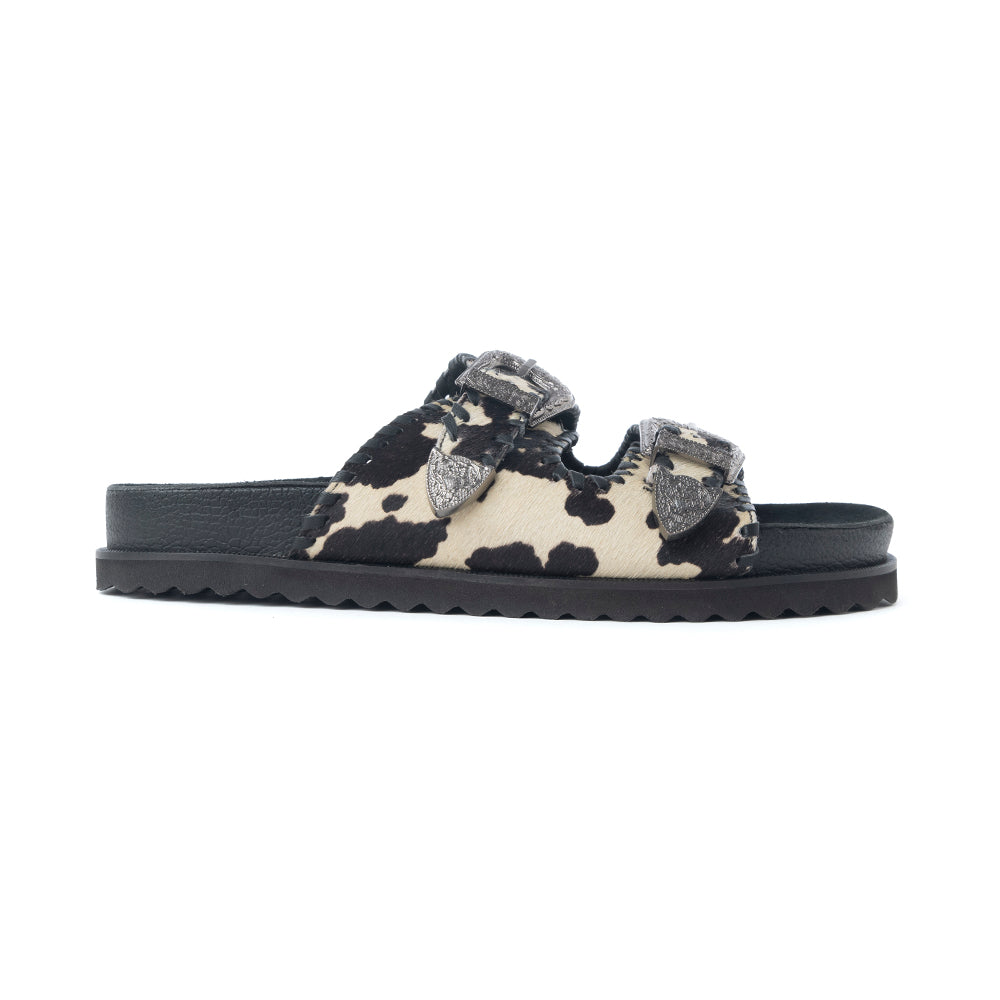 Coyote Crest Hairon Leather Sandals in Vanilla White