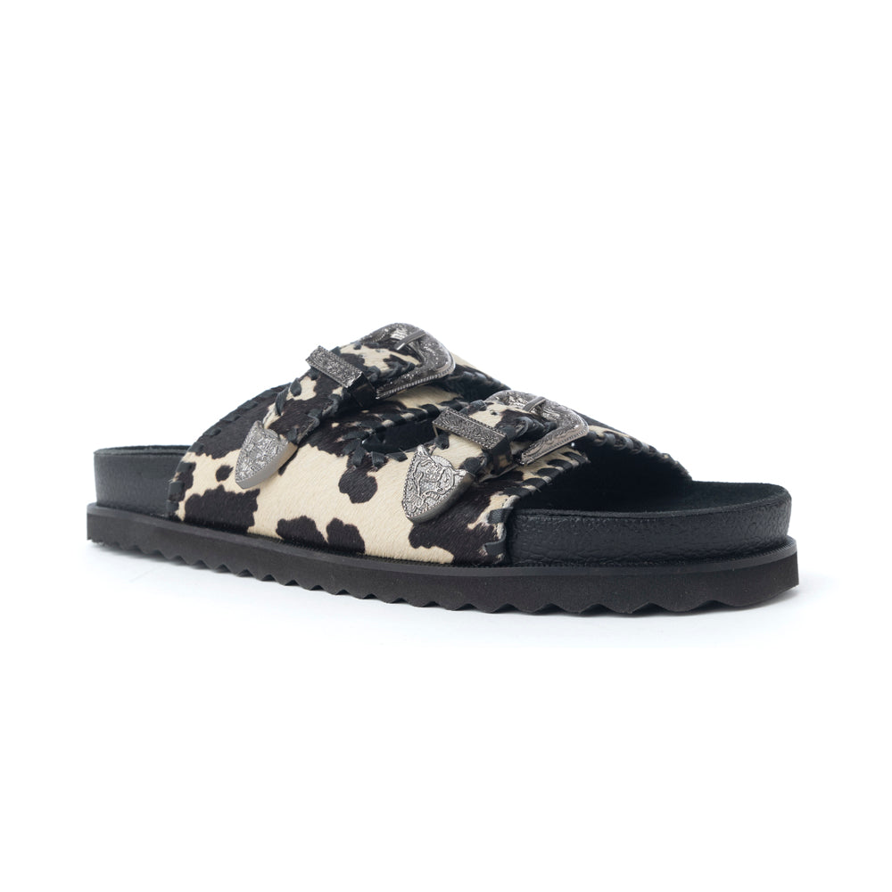 Coyote Crest Hairon Leather Sandals in Vanilla White