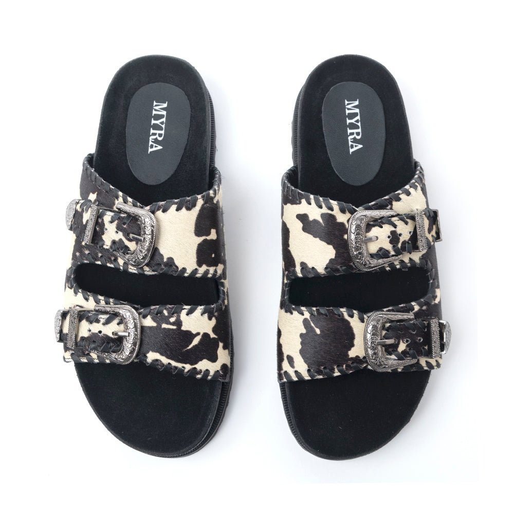 Coyote Crest Hairon Leather Sandals in Vanilla White