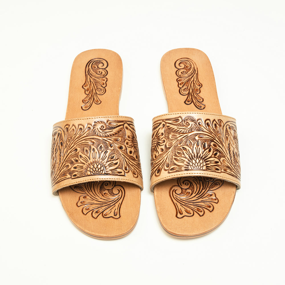 Cactus Lace Handtooled Leather Sandals in Charred Brown