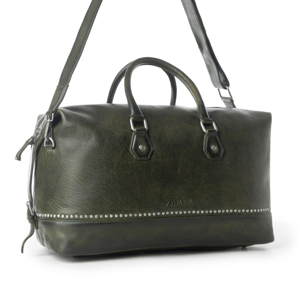 Myra Zidana Sundown Plains Veg Tanned Leather Traveller Bag in Sage Green