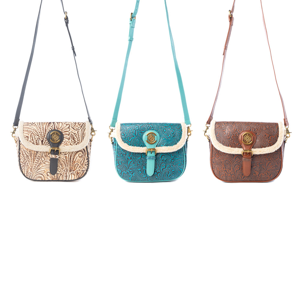 Alpine Rose Embossed Leather Crossbody Bag with Fur Accent Variant Combo