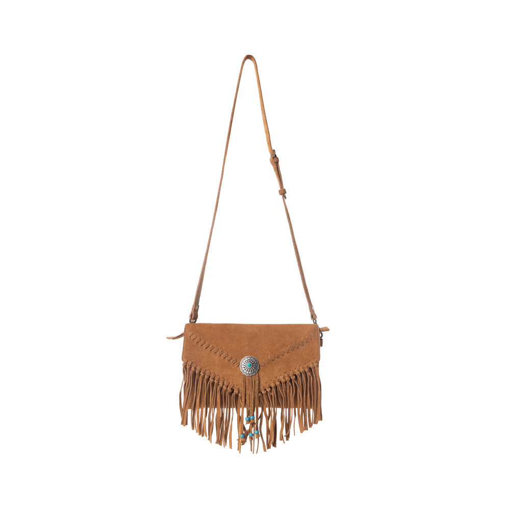Myra Texas Mist Fringed Leather Bag in Rustwood with Concho Accent
