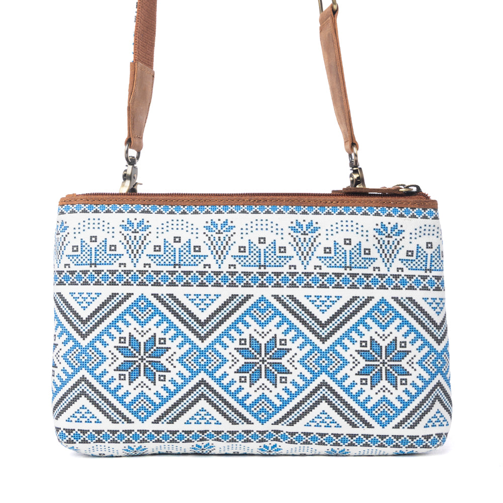 Tribal Hollow Cotton & Leather Crossbody Bag in Indigo Frost