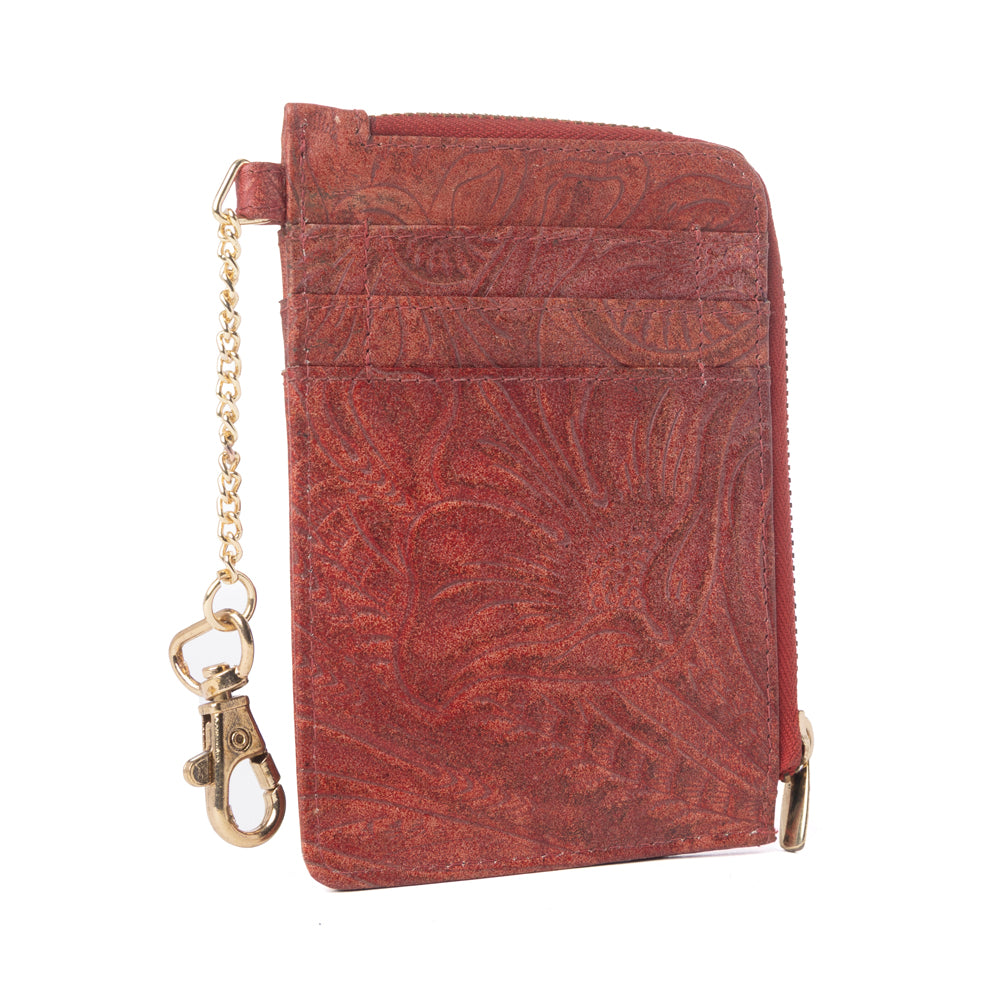 Summer Grove Embossed Leather Credit Card Holder in Burnt Crimson