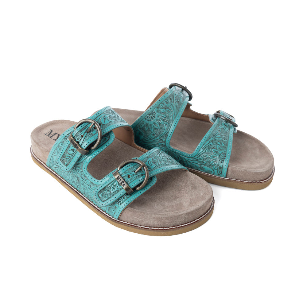 Bluebell Ranch Handtooled Leather Sandals in Alpine Teal