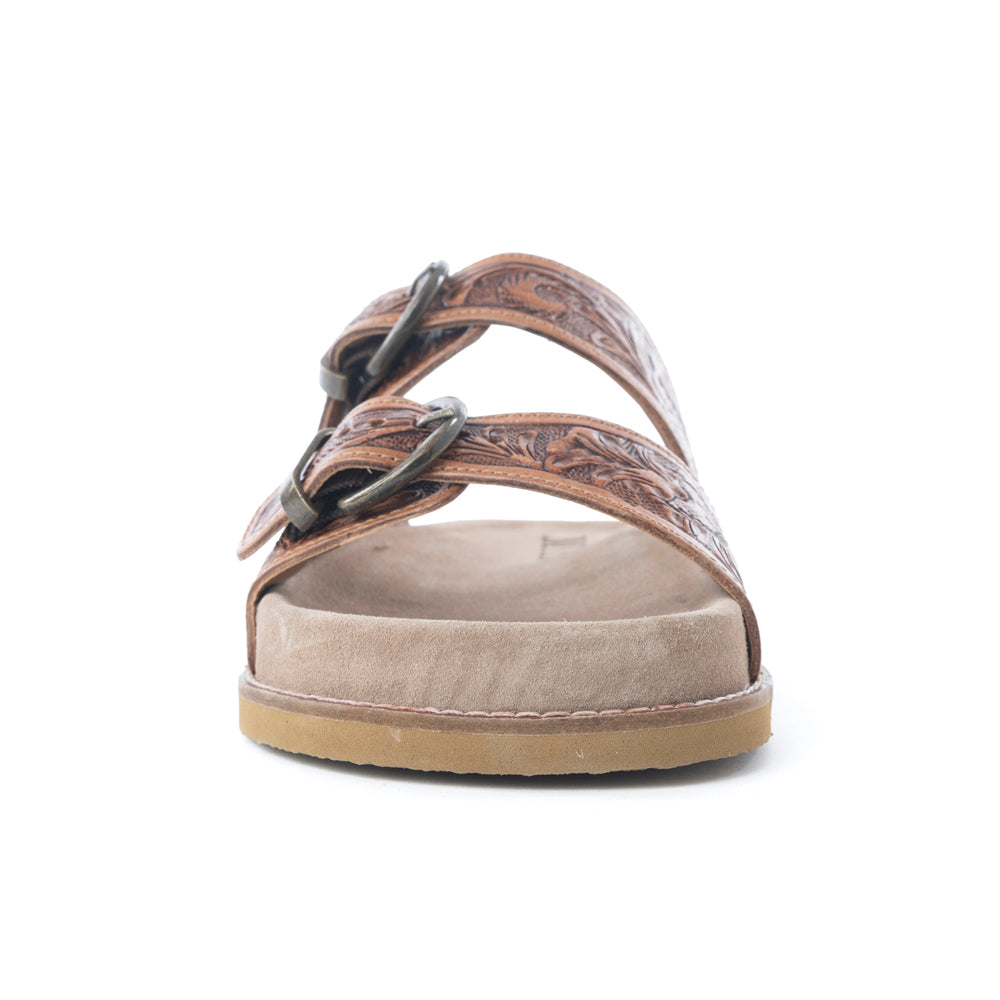 Desert Fern Handtooled Leather Sandals in Autumn Tan