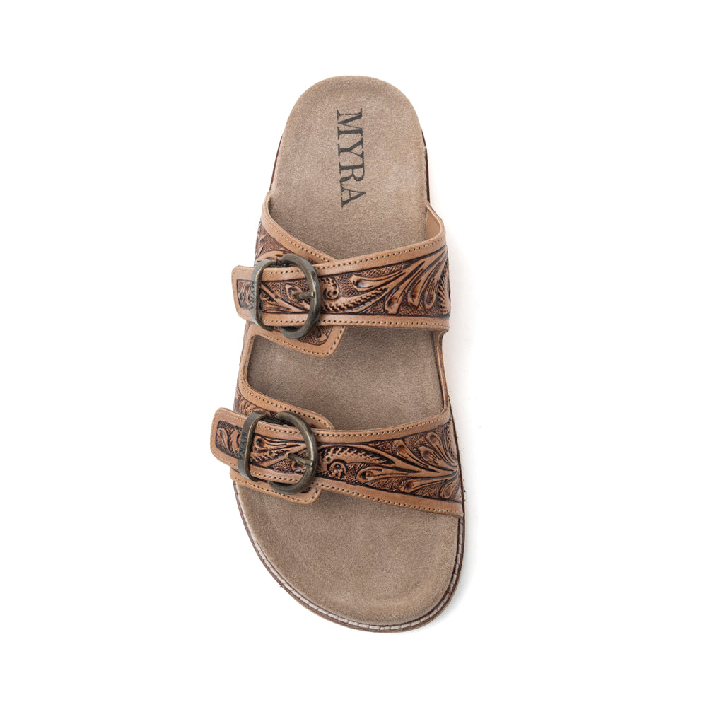 Willow Bloom Handtooled Leather Sandals in Ashen Brown
