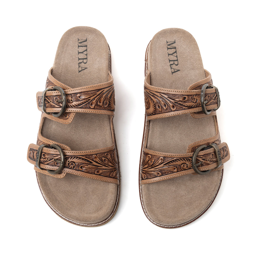 Willow Bloom Handtooled Leather Sandals in Ashen Brown