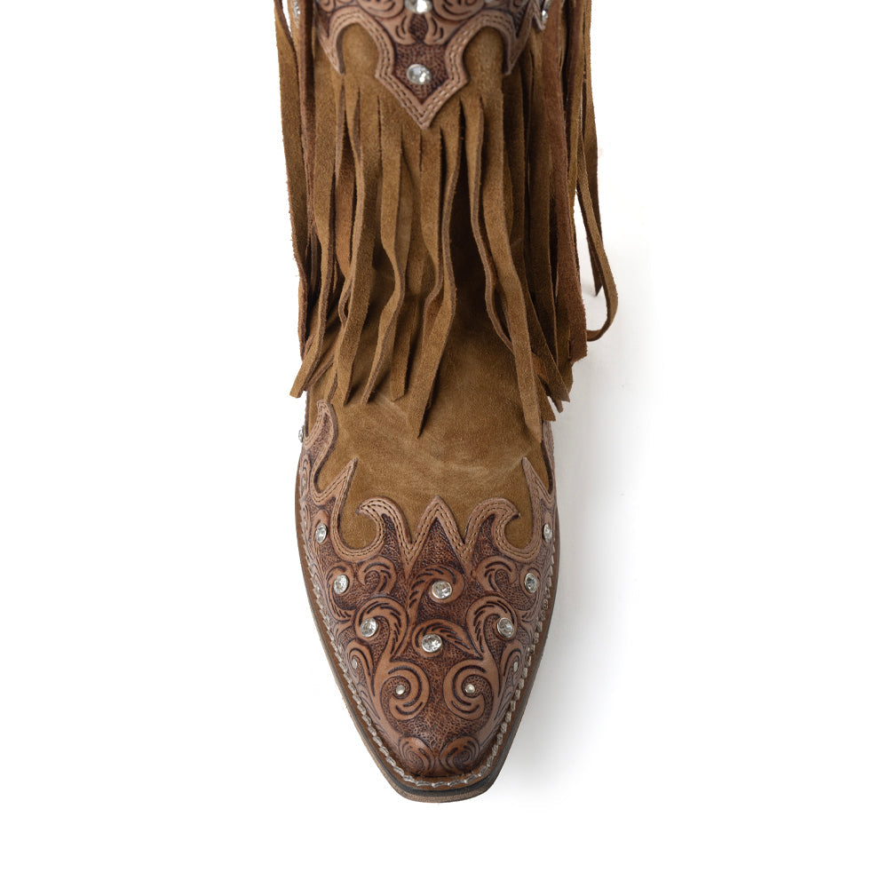 Goldrush Gleam Fringed Handtooled Leather Boots in Dusty Oak