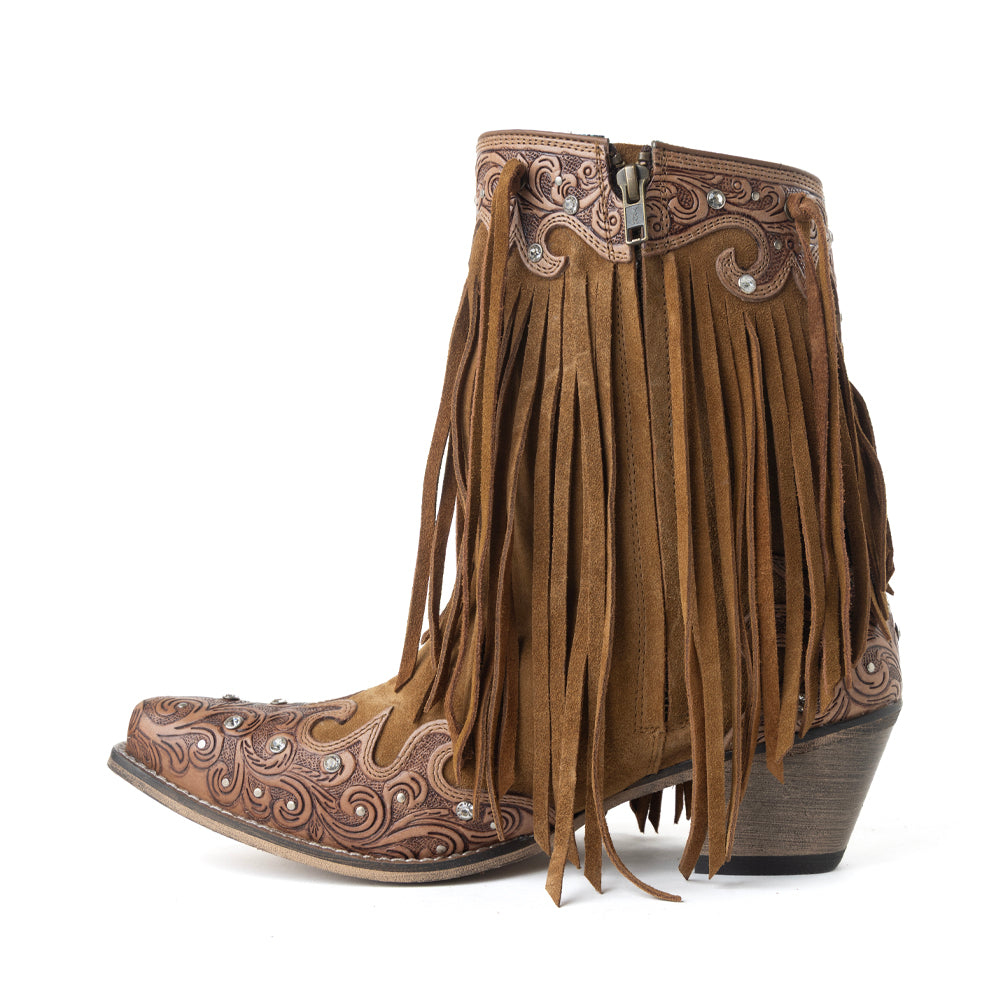 Goldrush Gleam Fringed Handtooled Leather Boots in Dusty Oak