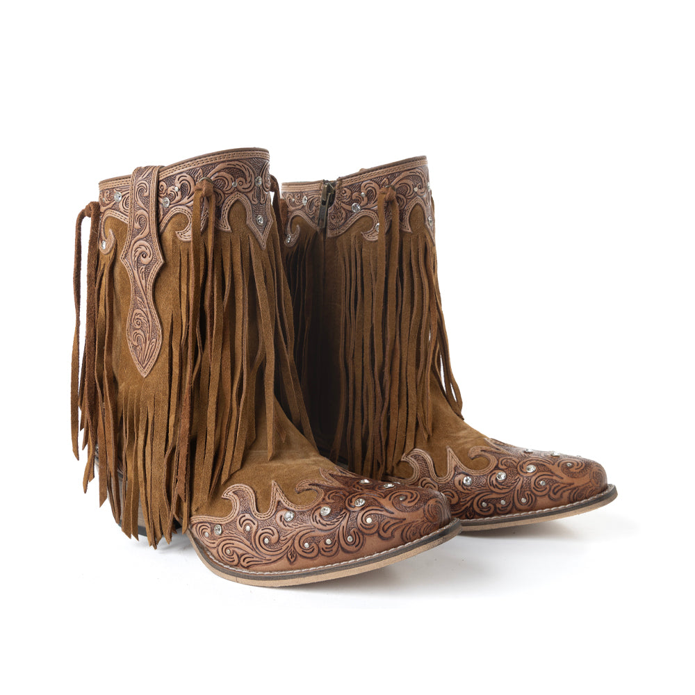 Goldrush Gleam Fringed Handtooled Leather Boots in Dusty Oak