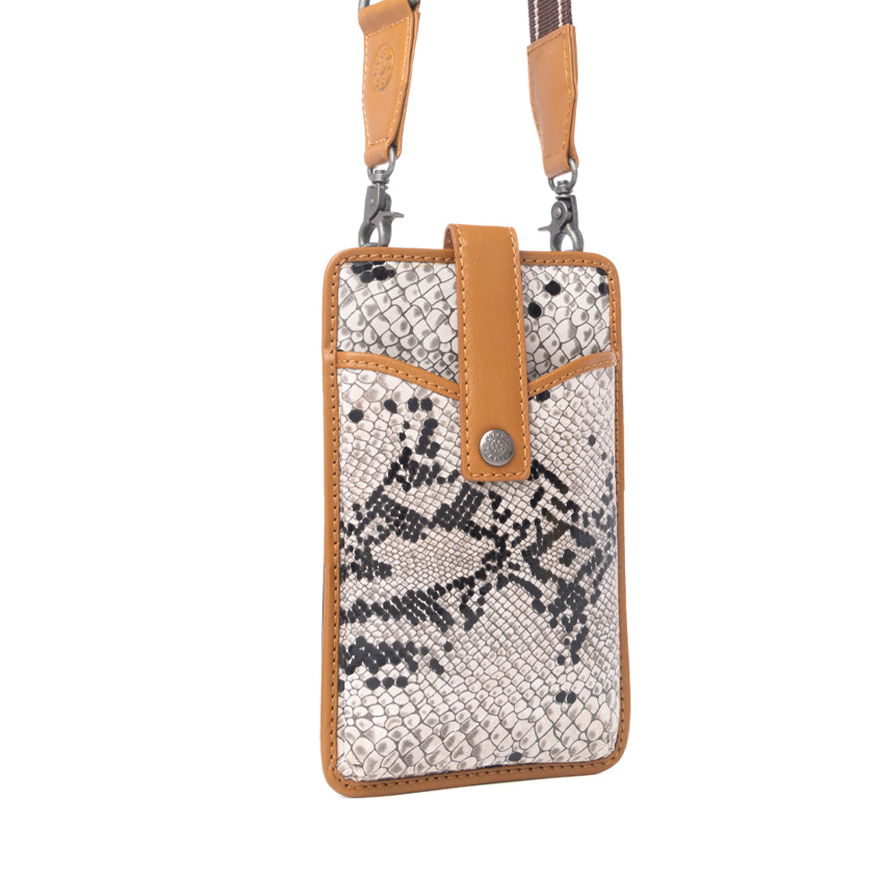 Cedar Snake Print Leather Cell Phone Holder in Ebony Cream
