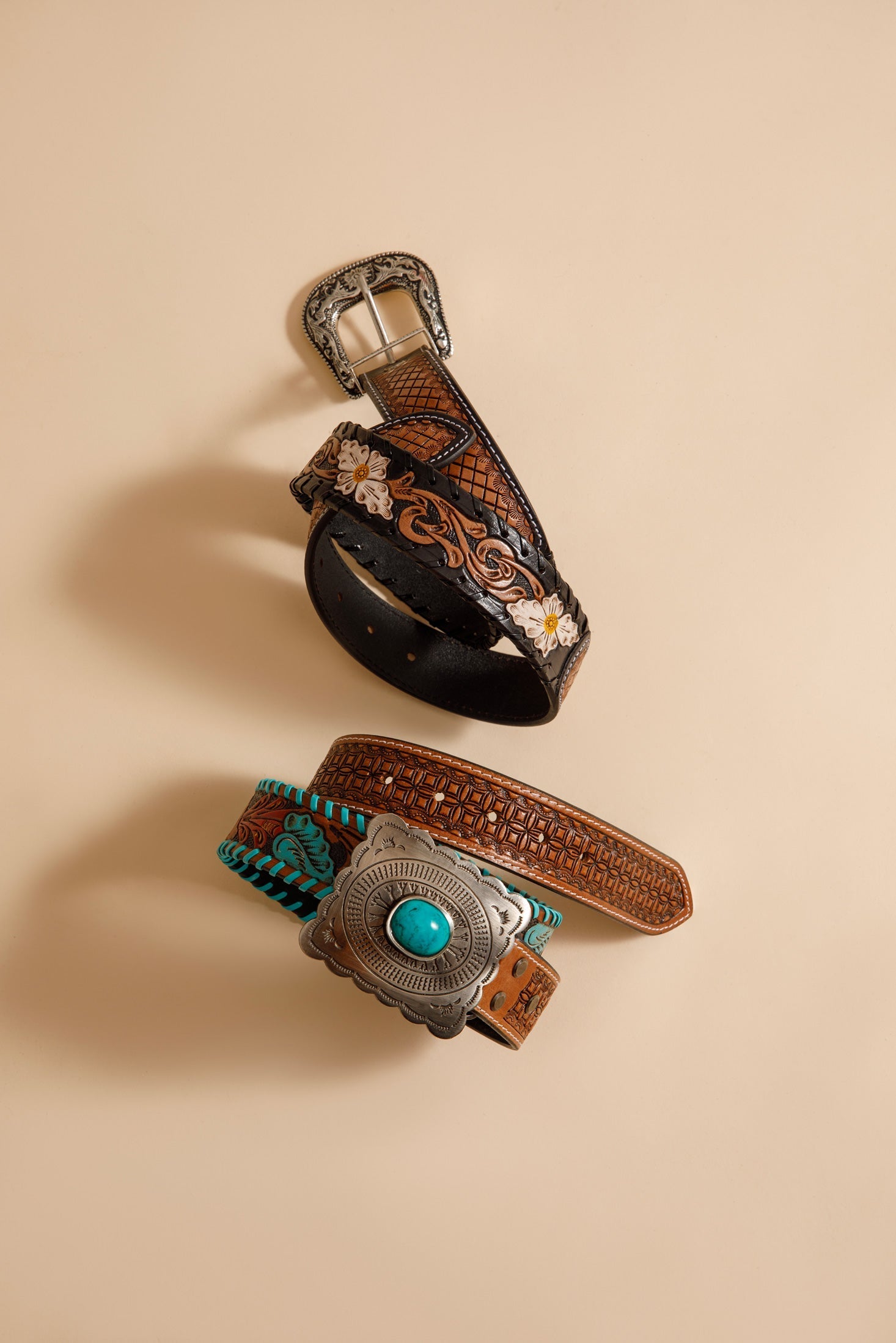 Checkered brown Hand-Tooled Leather Belt