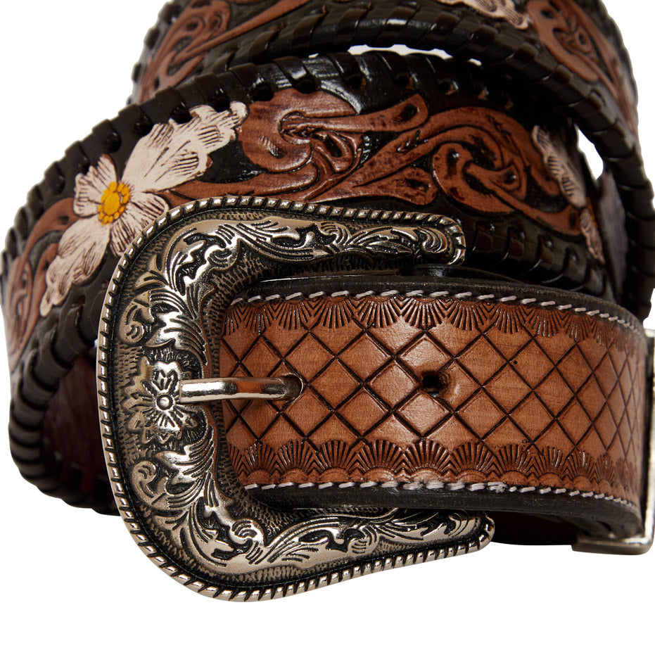 Checkered brown  Hand-Tooled  Leather Women's Belt