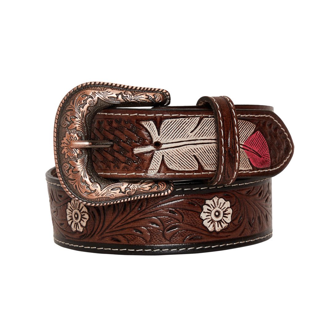 Pink feather Hand-Tooled  Leather Women's Belt