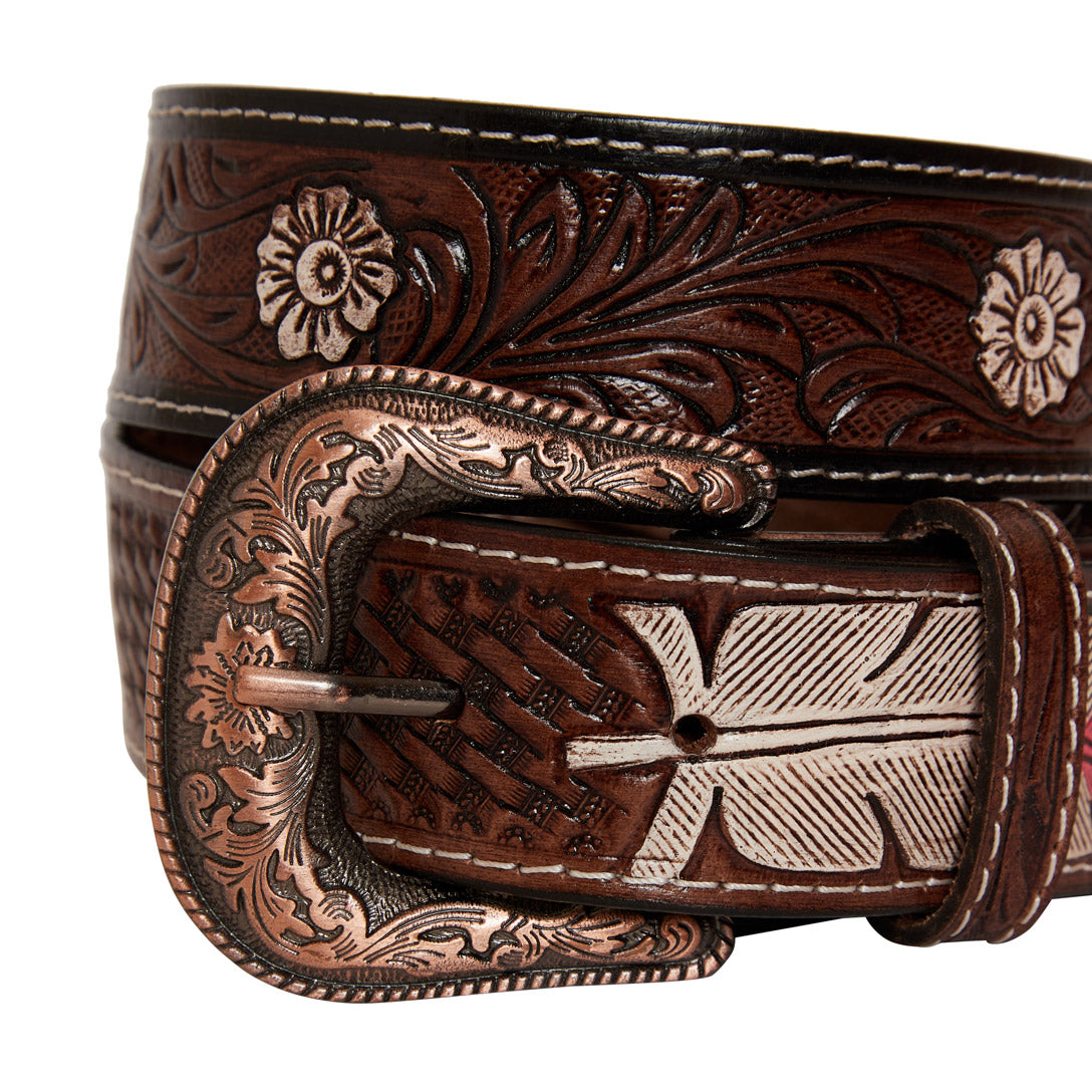 Pink feather Hand-Tooled  Leather Women's Belt