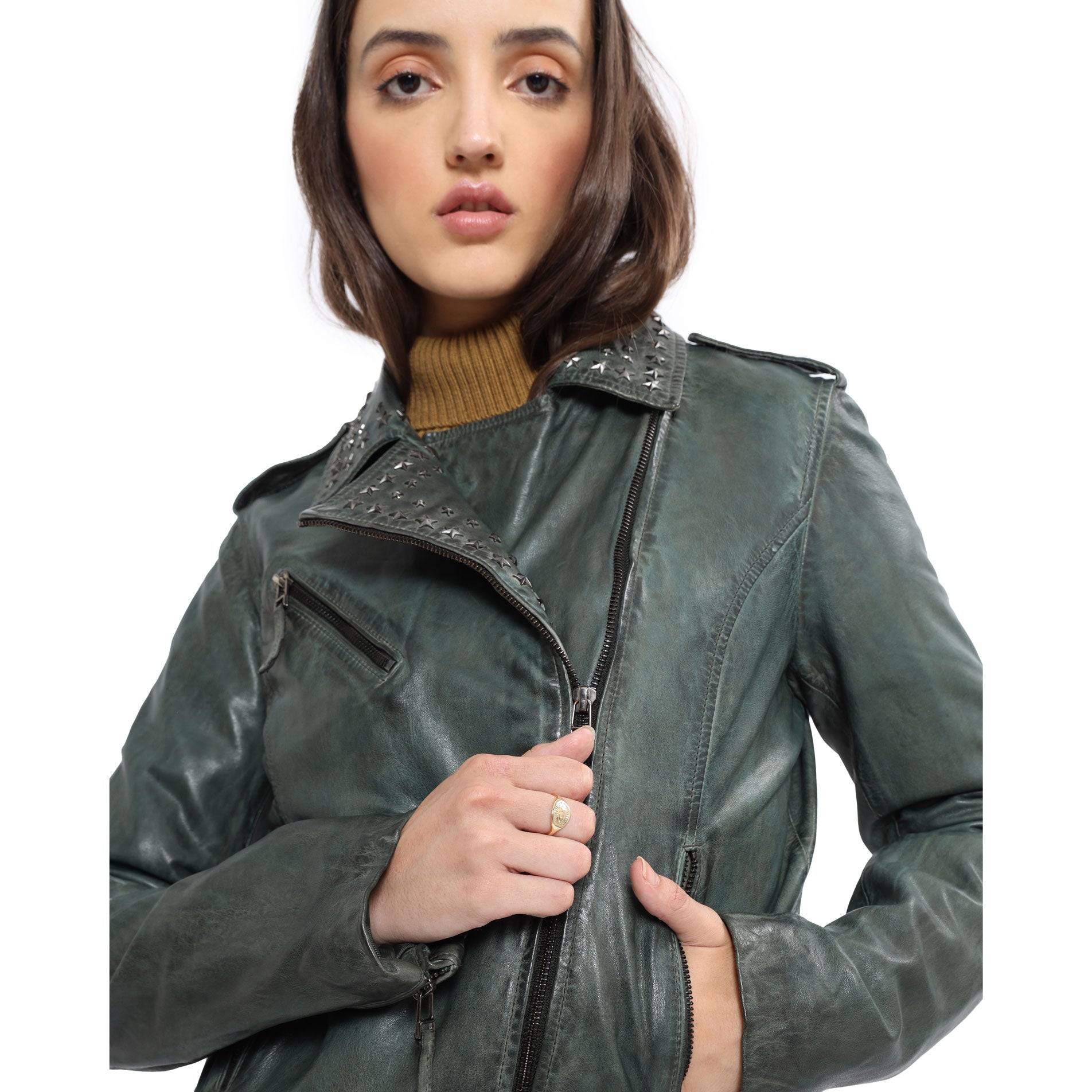 Washed Green Studded LEATHER Jacket