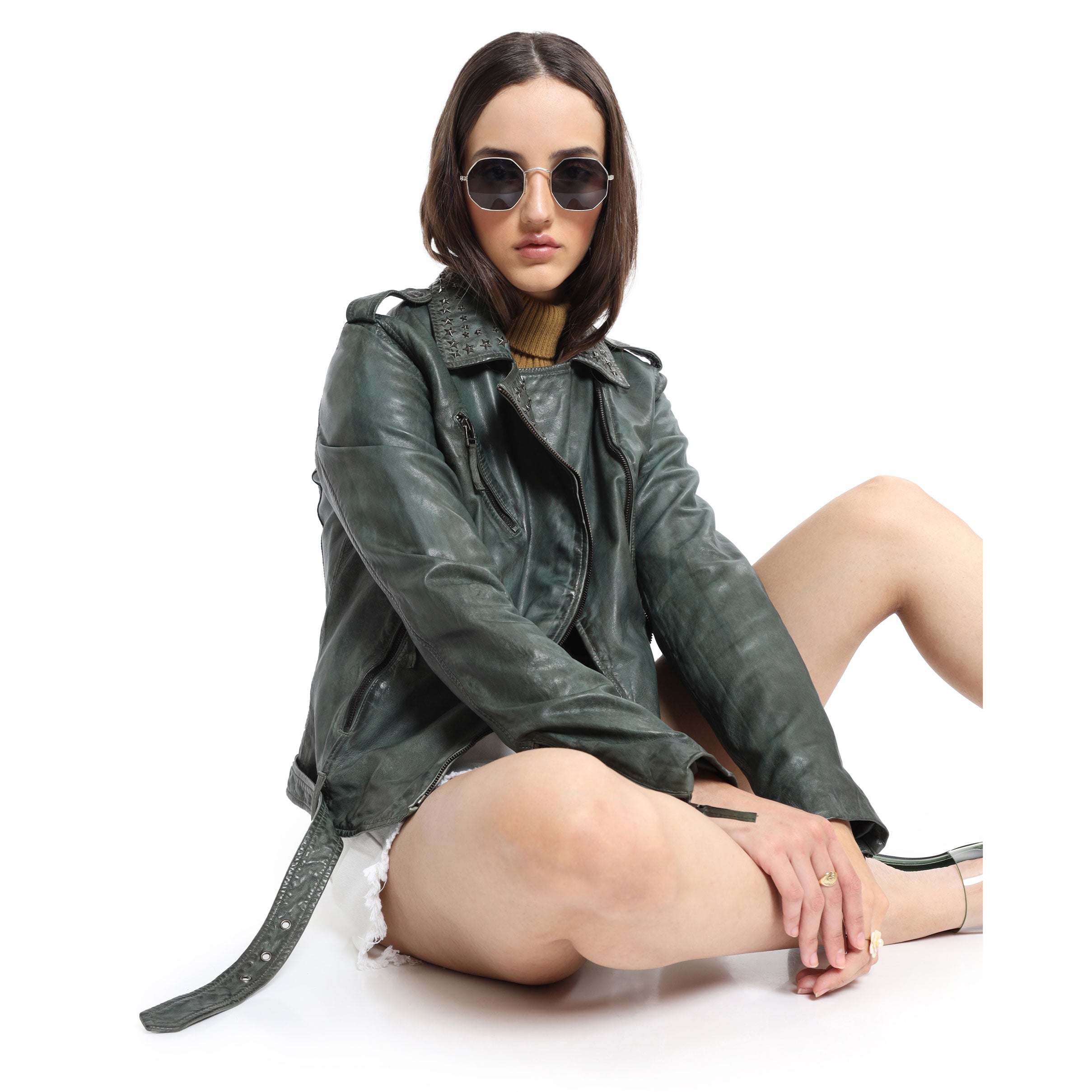 Washed Green Studded LEATHER Jacket