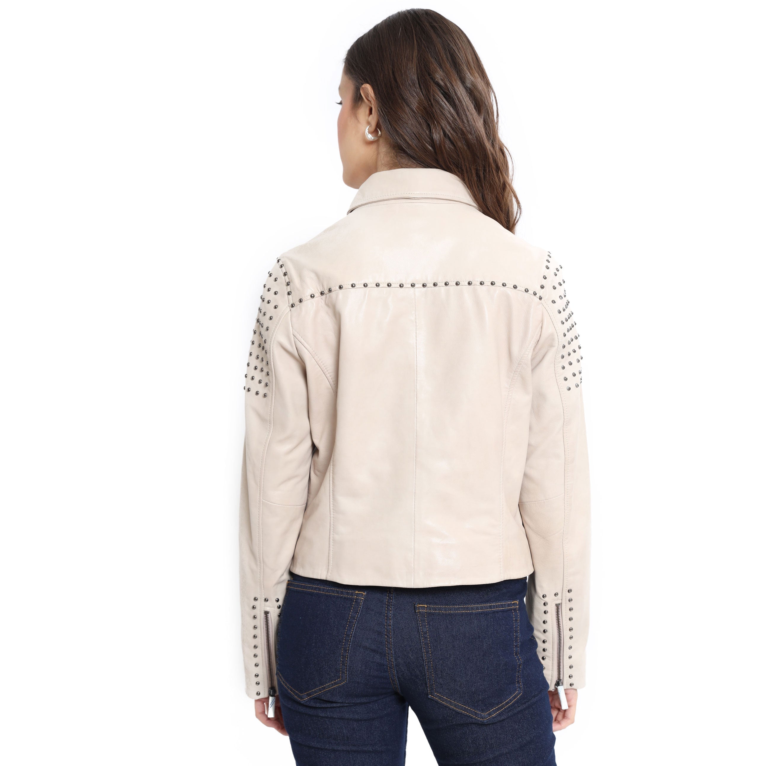 Beige Embroidered Studded LEATHER Jacket