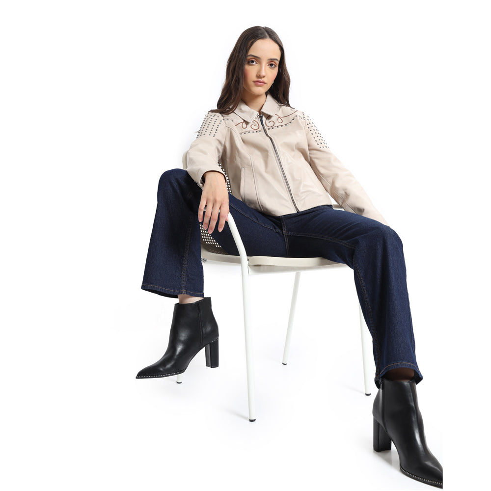 Beige Embroidered Studded LEATHER Jacket