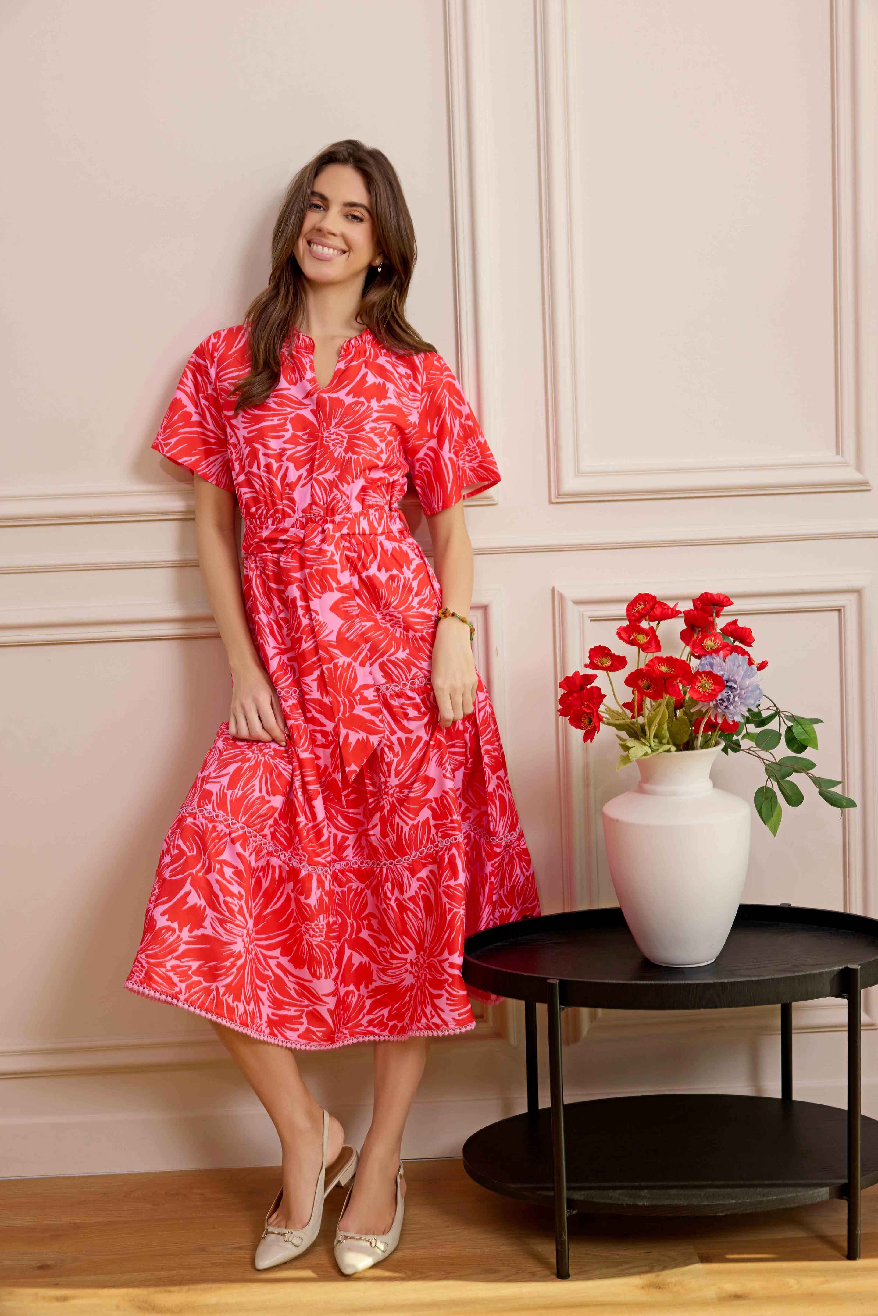 Bohera Meadow Wave Ruffle Collared Midi Dress with Waist Tie in Ruby Red