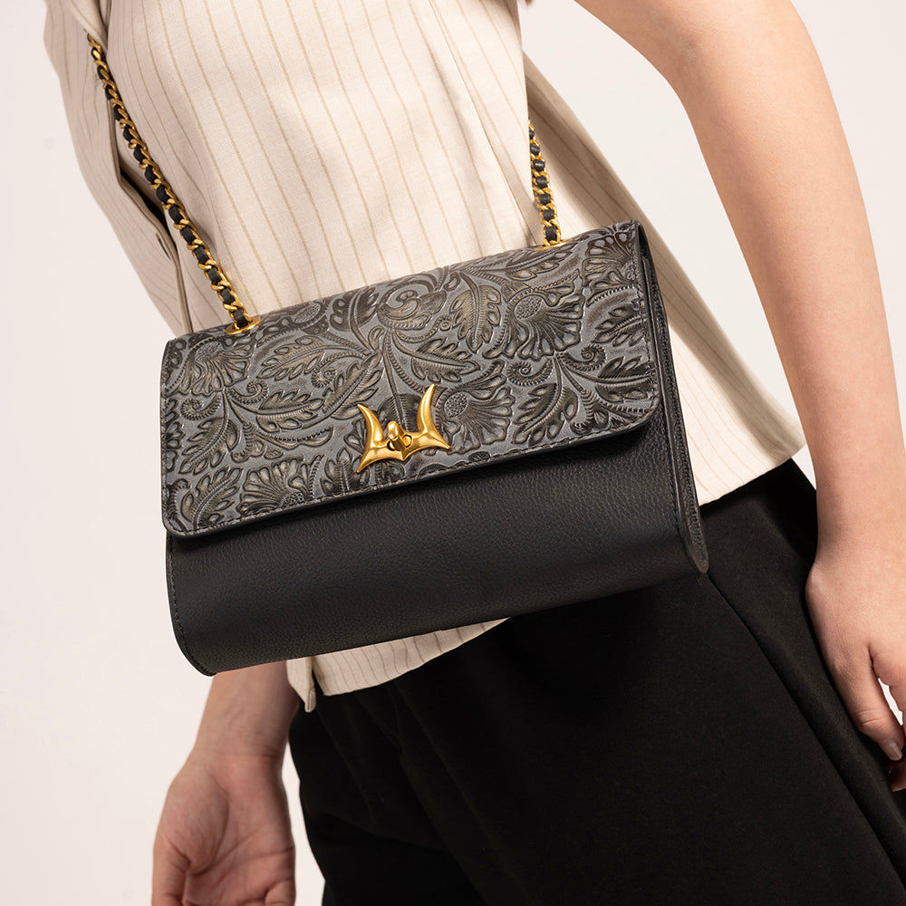 Savi Small Embossed & Grained Leather Bag - Charcoal