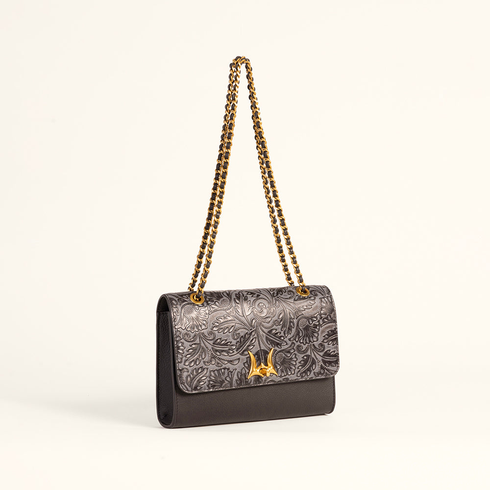 Savi Small Embossed & Grained Leather Bag - Charcoal