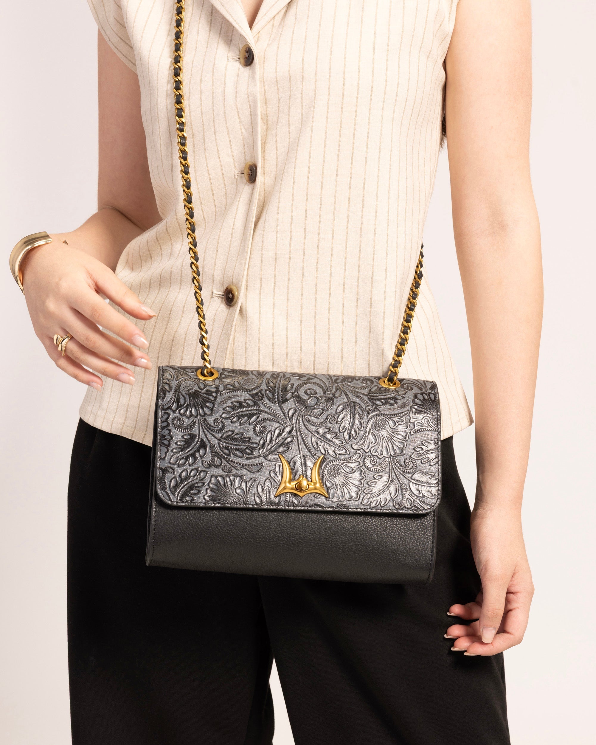 Savi Small Embossed & Grained Leather Bag - Charcoal