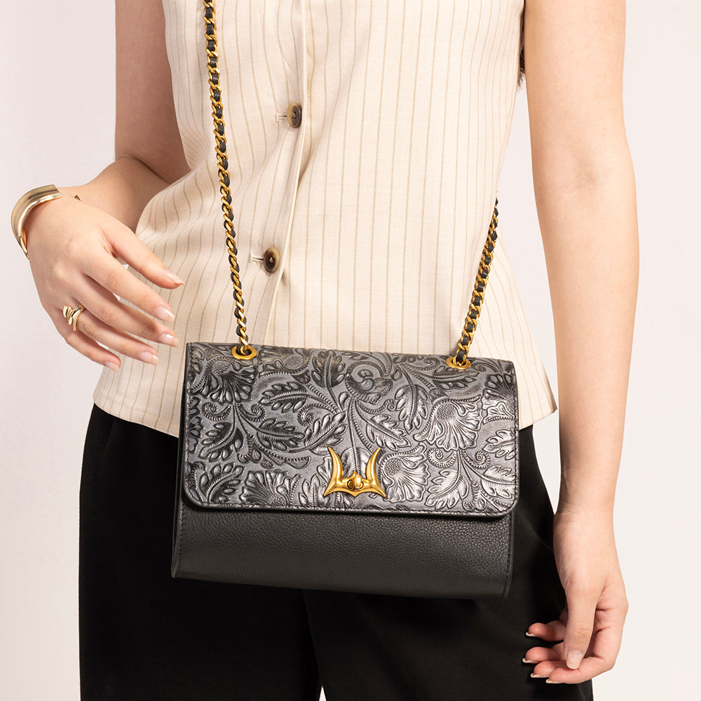 Savi Small Embossed & Grained Leather Bag - Charcoal