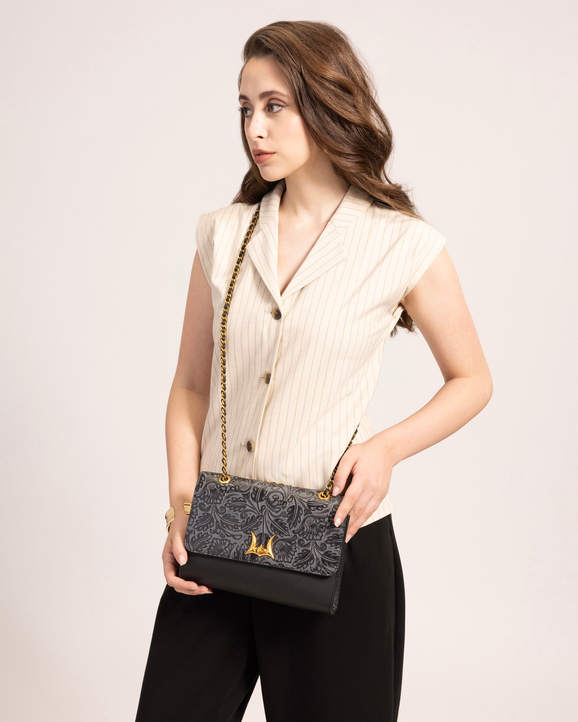 Savi Small Embossed & Grained Leather Bag - Charcoal