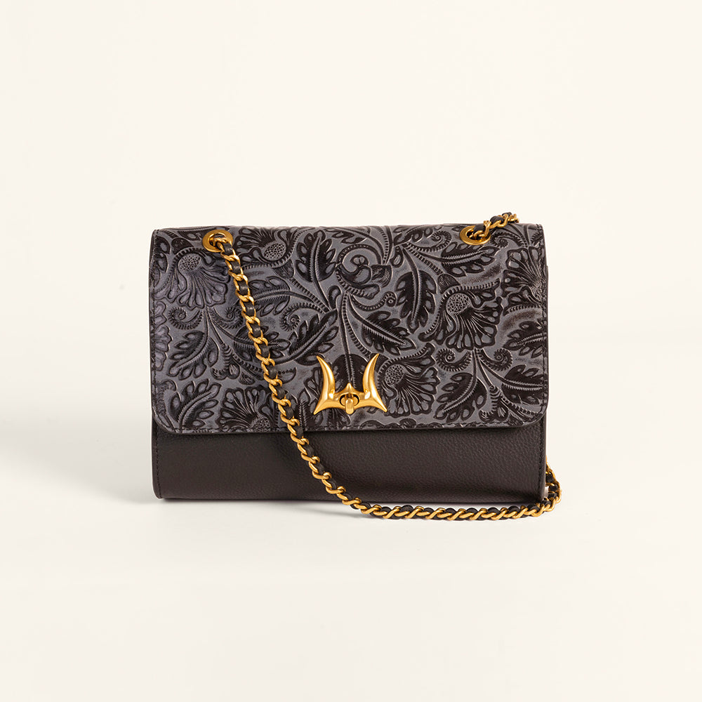 Savi Small Embossed & Grained Leather Bag - Charcoal