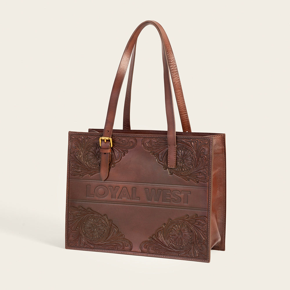 Mivva Handtooled Medium Bag - Brunette Leather