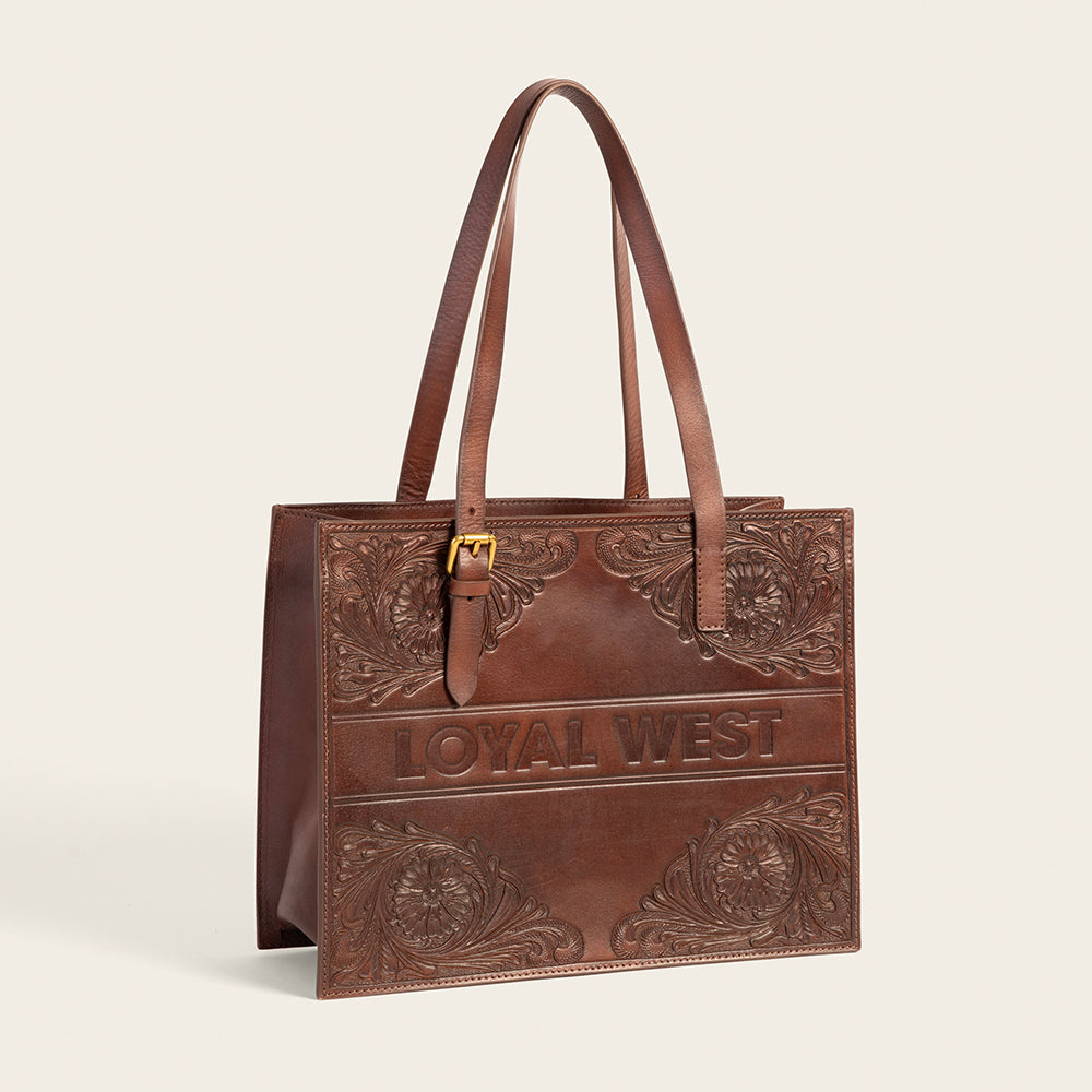 Mivva Handtooled Medium Bag - Brunette Leather