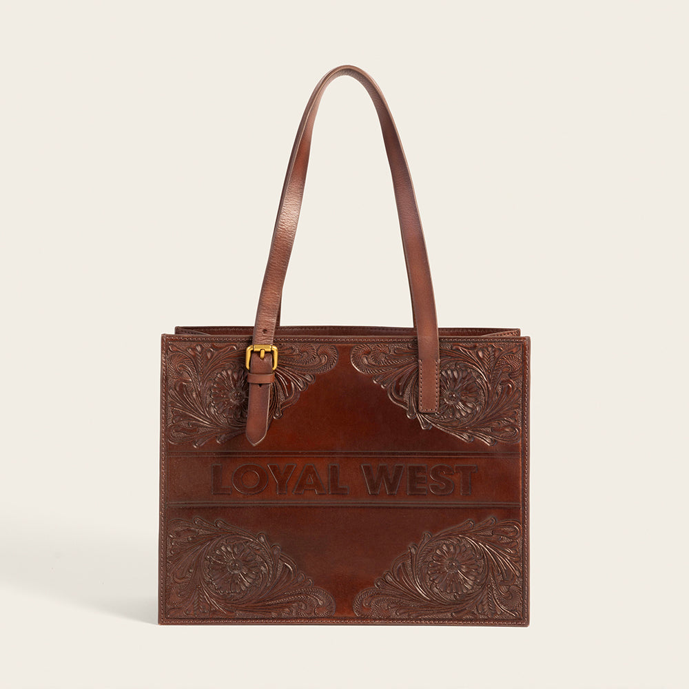 Mivva Handtooled Medium Bag - Brunette Leather