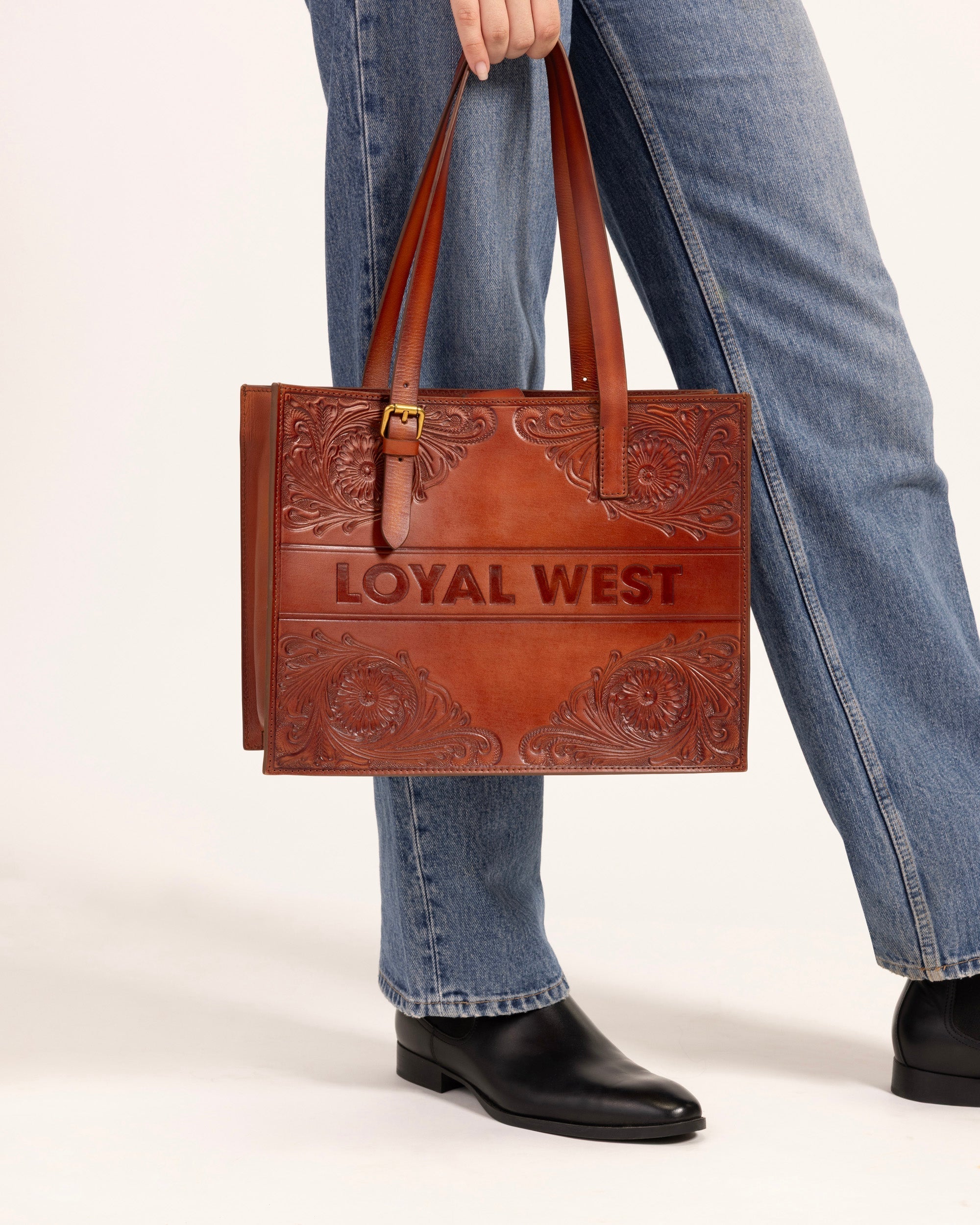 Mivva Handtooled Medium Bag - Soft Walnut Leather