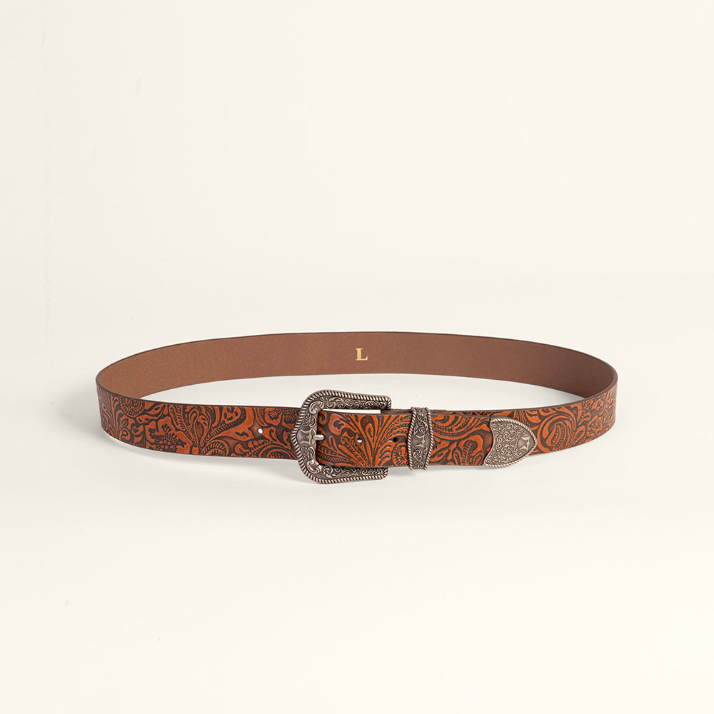 Sophia Belt - Brown Floral Leather