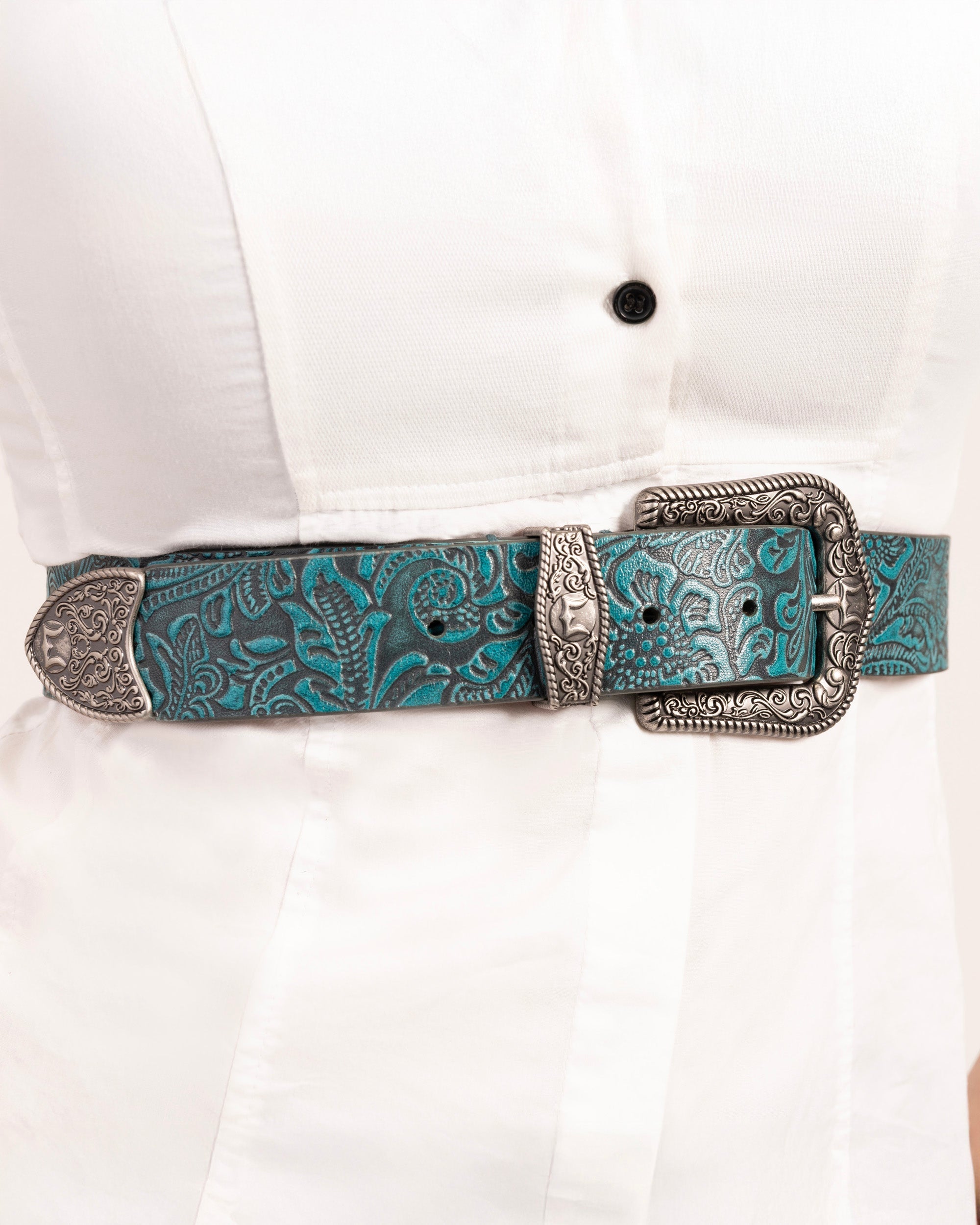 Sophia Belt- Turquoise Floral Leather
